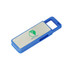 A blue click action flash drive with a silver panel and a logo on the surface.