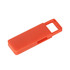 An orange flash drive with a click action mechanism and a rectangular shape. It features a slot for easy handling.