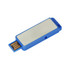 A blue flash drive featuring a metallic surface. The drive includes a click action mechanism for easy use.