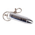A silver waterproof bullet flash drive attached to a keyring with a clasp. It features a logo on its side.