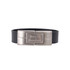 A black leather bracelet featuring a silver metal clasp with engraving. It has a polished finish and a sleek design.