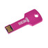 A pink square key-shaped flash drive with a hole for attachment and a logo on its surface.