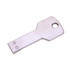 A silver square key flash drive with a hole for attaching to keychains, featuring a simple, minimalist design.