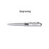 A silver pen with a shiny finish and a logo, featuring a push mechanism and a sleek design.