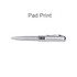 A silver pen with a sleek design and a clip, featuring a logo on its side.