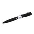 A black pen with a sleek design, featuring a silver clip and a branding logo on its body.