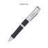 A silver and black pen featuring a textured grip and a branding logo, designed for engraving.