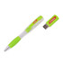 A green and white ballpoint pen with a removable flash drive. The flash drive has a logo on it.