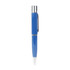A blue metal pen flash drive with a sleek design and chrome accents. Features a clip and shiny tip.
