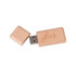 A wooden flash drive in natural colour with a removable cap, featuring a logo on its surface.