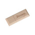 A wooden flash drive featuring a logo, showcasing a rectangular design with smooth edges.