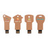 Four eco-friendly flash drives in various key shapes, featuring natural brown colouring and distinct branding on each.
