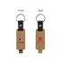An eco-friendly mini flash drive keychain in beige, featuring logos on both sides and a metal keyring attachment.