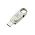 A silver Type-C flash drive with a swivel design and a logo on its surface.
