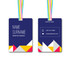 A small, rectangular name tag with a navy blue background and colourful geometric patterns, featuring a branded logo.