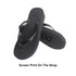 A pair of black rubber thongs with a textured sole and a screen-printed strap.