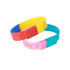 A sectional coloured wristband flash drive featuring blue, yellow, red, pink, and teal sections. It has a logo.