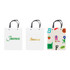 A collection of three white paper bags with knitted handles, each featuring different logos and colourful designs.