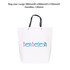 A large white boutique paper bag with black handles and a logo printed in blue and pink.