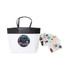 A medium black and white boutique paper bag with black handles, accompanied by various decorative stickers.