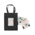 A small black vertical paper bag with knitted handles, accompanied by a selection of decorative stickers.