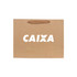 A small brown paper bag with a rope handle and a logo on the front.