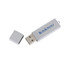 A silver USB flash drive with a removable cap and a logo on its surface.