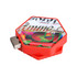 A hexagon-shaped flash drive in red with a colourful design and a metal USB connector on one side.