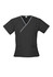 A black scrub top featuring a contrast crossover design and short sleeves, with pockets and a logo.
