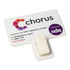 A white T-magnet with a clip, featuring a logo and text on a rectangular card.