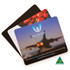 Three mouse mats featuring colourful designs, including images of tomatoes and an aircraft. One has a logo and branding.