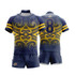 A navy blue and gold rugby jersey with an intricate design and a number 8 on the back. Features a logo.
