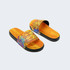 A pair of colourful sandals featuring a vibrant design with peace signs and a stylised van.