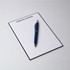 A5 notepad with 50 lined leaves, featuring a blue cover and a silver pen placed on top. It has a logo at the top.