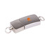 A silver flash drive with a sleek design and a keyring attachment. It features a logo on its surface.