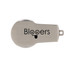 A silver flash drive with a quirky design and a brand logo on the surface.
