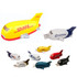 A set of colourful aircraft-shaped flash drives in yellow, white, and black, featuring various brand logos.