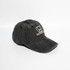 A black denim cotton baseball cap with a logo on the front and a curved brim.