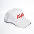 A white baseball cap with a curved visor and a branded logo on the front. It features a ripstop fabric design.