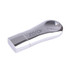 A sleek, silver flash drive with a rounded design and a logo. Suitable for storage and transfer of data.