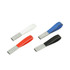 A set of four leather strap flash drives in white, red, blue, and black, each with a metal connector and logo.