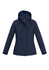 A navy women's rain jacket with a hood, featuring zippered pockets and a sleek design. It has a branding logo.