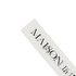 A soft ribbon in light grey with black text and a logo, featuring an elegant serif font design.
