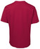 A red t-shirt with short sleeves, featuring a plain design and a logo on the back.