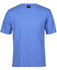 A blue T-shirt with short sleeves, featuring a round neckline and a logo.