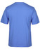 A blue t-shirt viewed from the back, featuring a plain design and a logo.