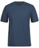 A navy blue t-shirt with short sleeves and a round neckline, featuring a logo on the inside tag.
