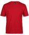 A red short-sleeved t-shirt featuring a logo on the neck. Simple and classic design.