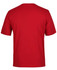A red t-shirt with a round neckline and short sleeves, featuring a simple design on the back and a logo.