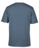 A back view of a blue T-shirt, featuring a plain design and short sleeves, with a logo on the neck area.